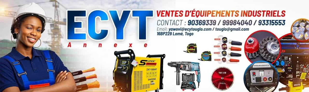 ECYT Annexe, vente d’équipements industriels. Contact : 90 36 93 39, 99 98 40 40, 93 31 55 53. Email yawovi@ecytouglo.com. 16 BP 229 Lomé, Togo.